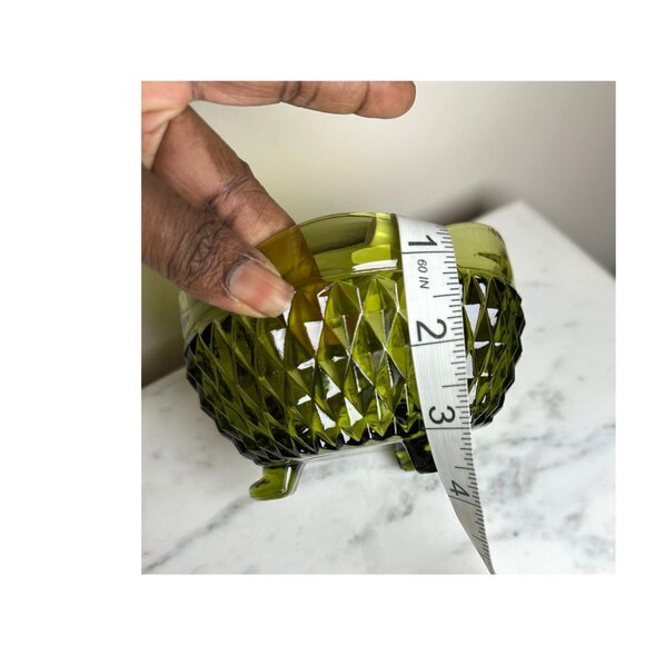 Vintage Indiana Glass Diamond Point Bowl, Avocado Green Footed Candy Dish, Mid-C - Picture 5 of 6